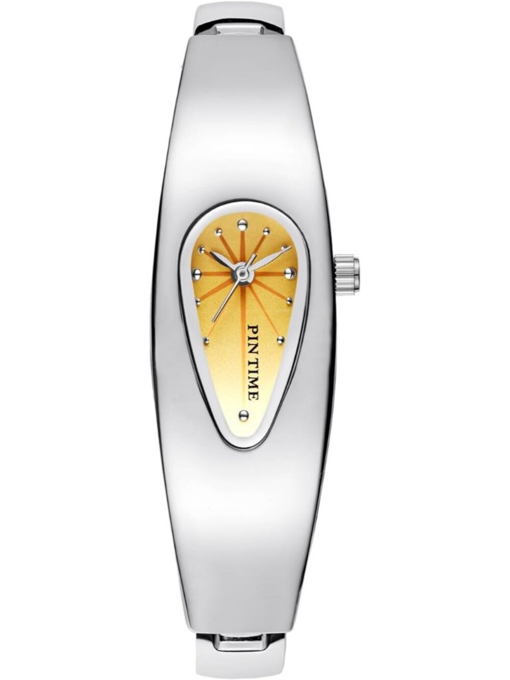 Women's Silver Yellow Stainless Steel Quartz Teardrop Bangle Oval Dial Watch